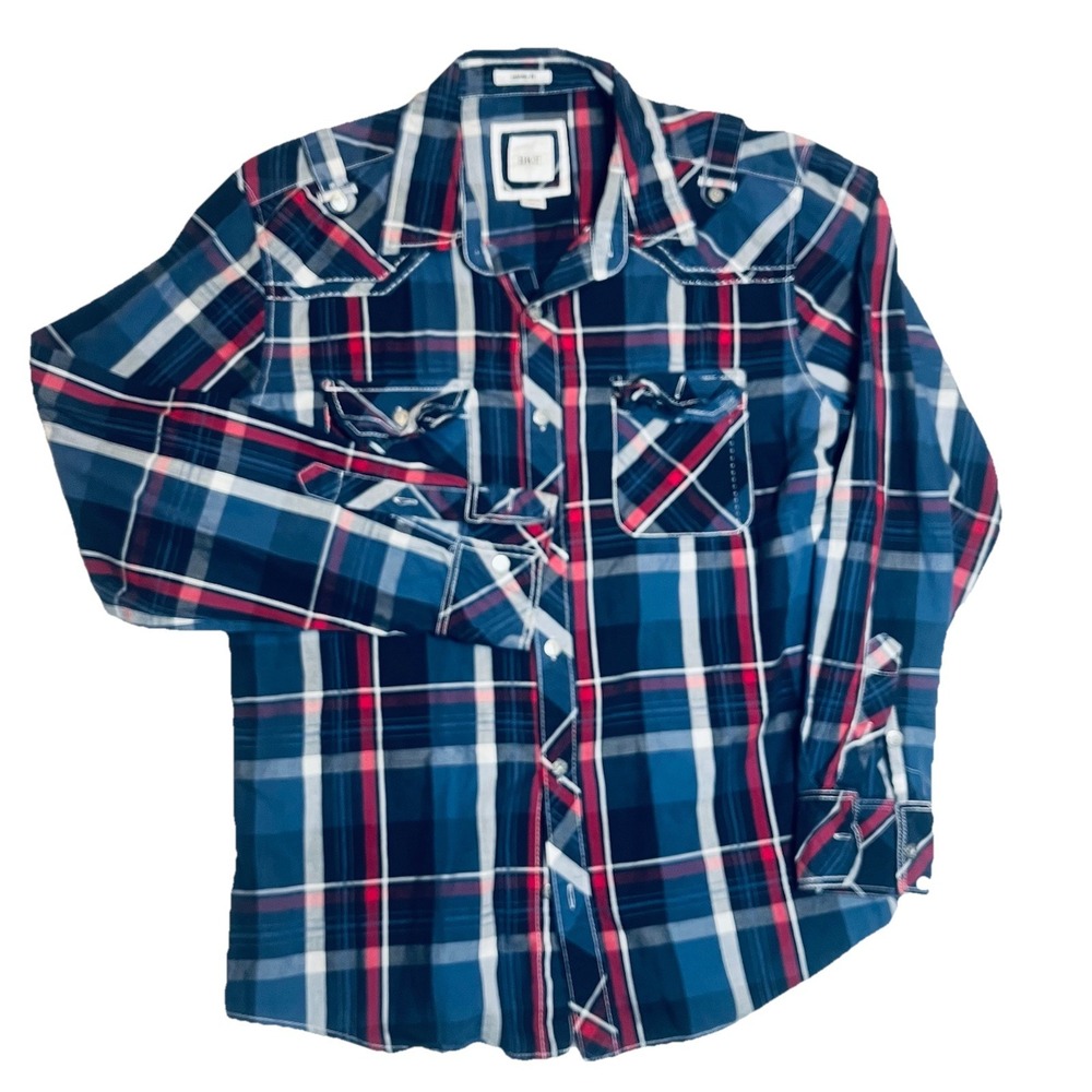 BKE Buckle Shirt Mens Large Athletic Fit Blue/Red‎ Plaid Button Up Long Sleeve